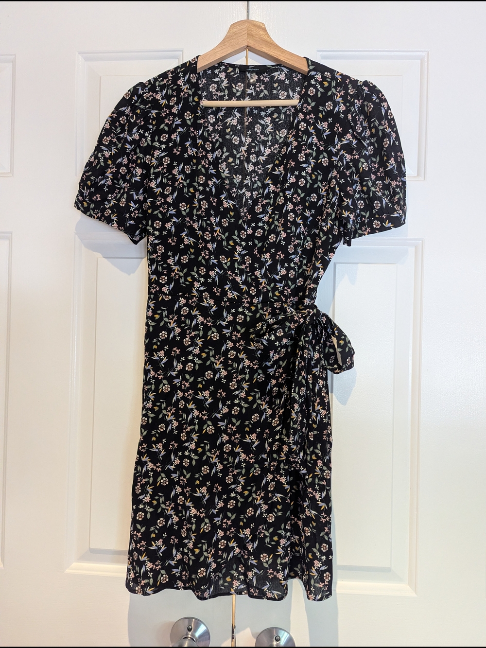 Soprano Black Floral Tie-Waist Wrap Mini Dress 90s Fairy Coquette Lolita S/M